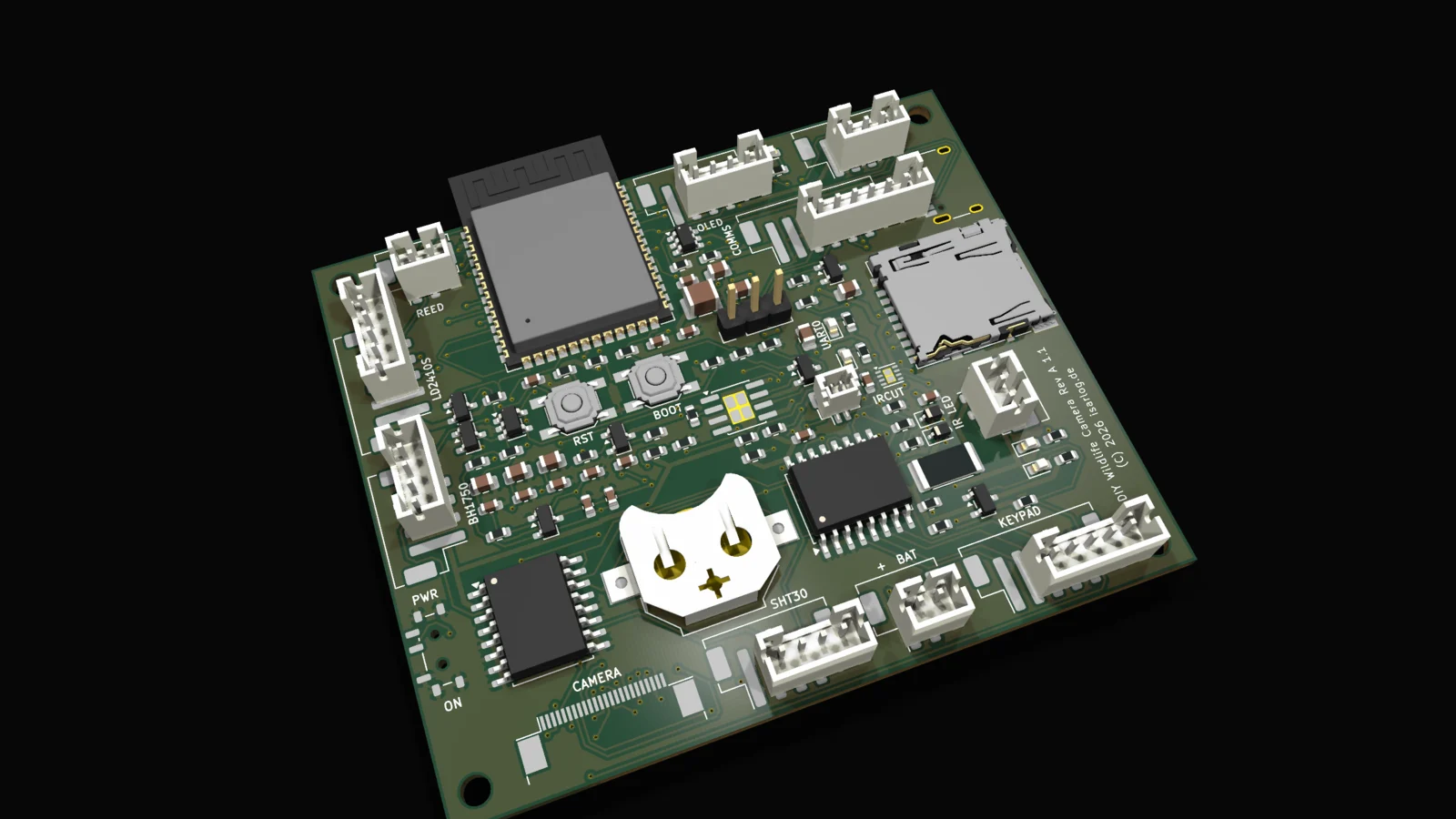 Isometrische Darstellung der bestückten Wildkamera-Platine Rev A 1.1